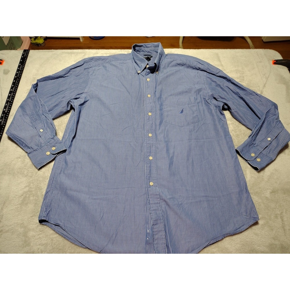 Nautica Shirt Men XL Blue Stripe Office Work Professional Long Sleeve Comfort
